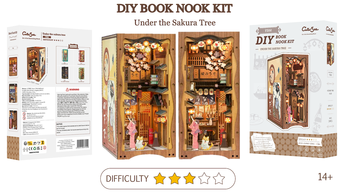 Book Nook Sous L'Arbre de Sakura DIY - 214 pièces et éclairage LED Difficulté