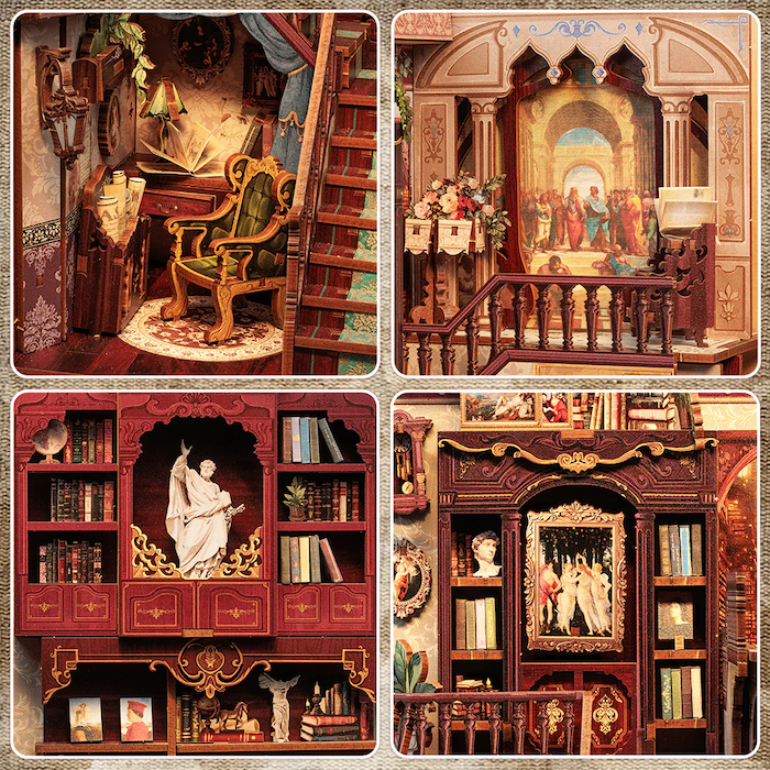 Book Nook Librairie de la Sagesse DIY - 281 pièces et éclairage LED Détails