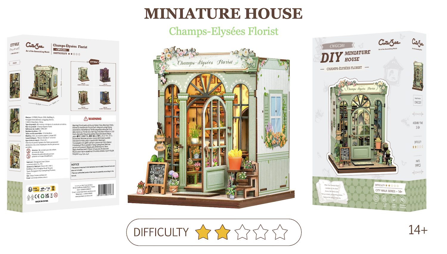 Maison Miniature Fleuriste Champs-Élysées DIY - 199 pièces et éclairage LED Difficulté