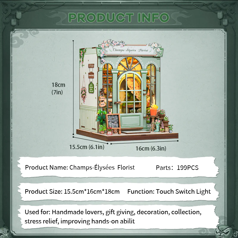 Maison Miniature Fleuriste Champs-Élysées DIY - 199 pièces et éclairage LED Info