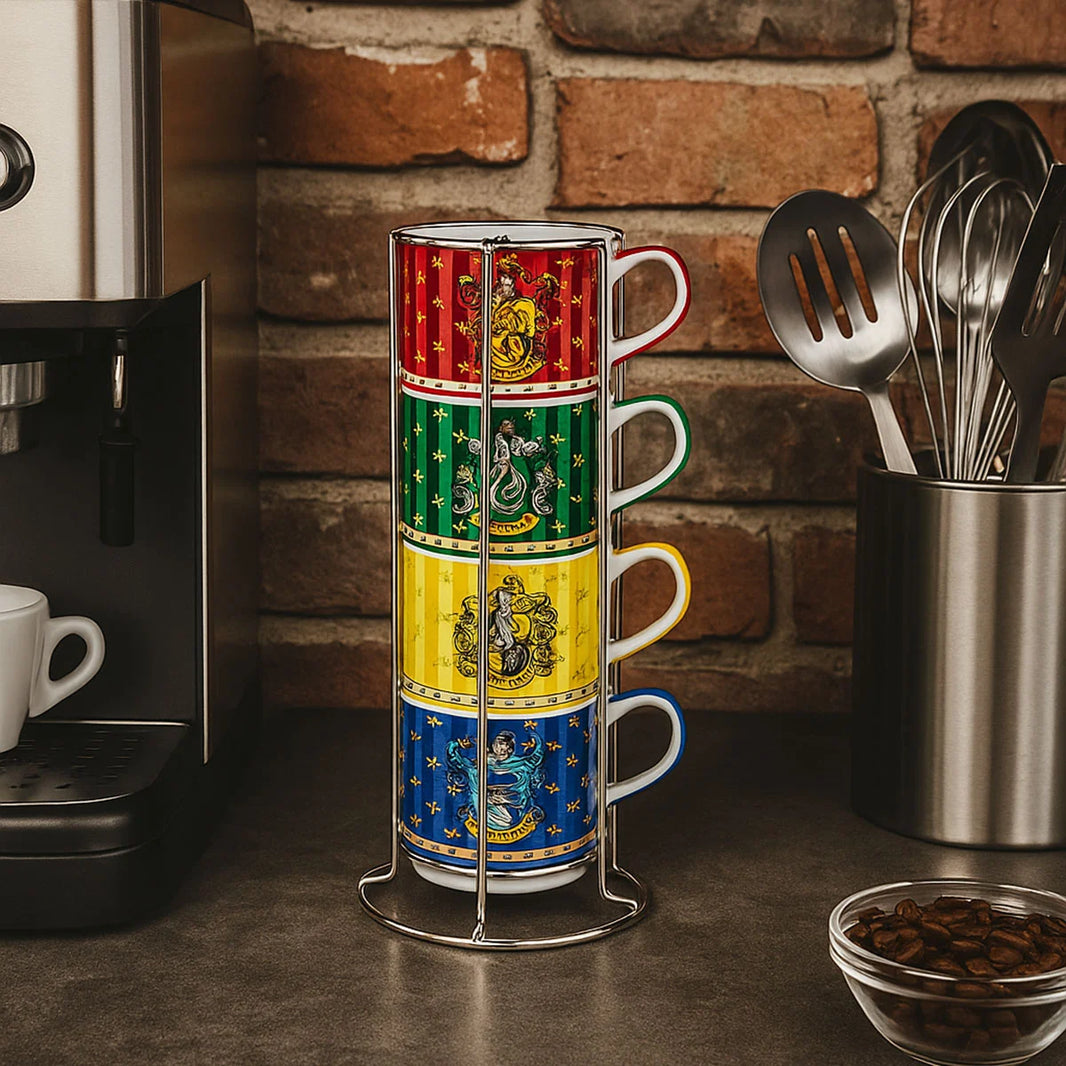 Set 4 Tasses Harry Potter Maisons de Poudlard + Support en métal Exemple