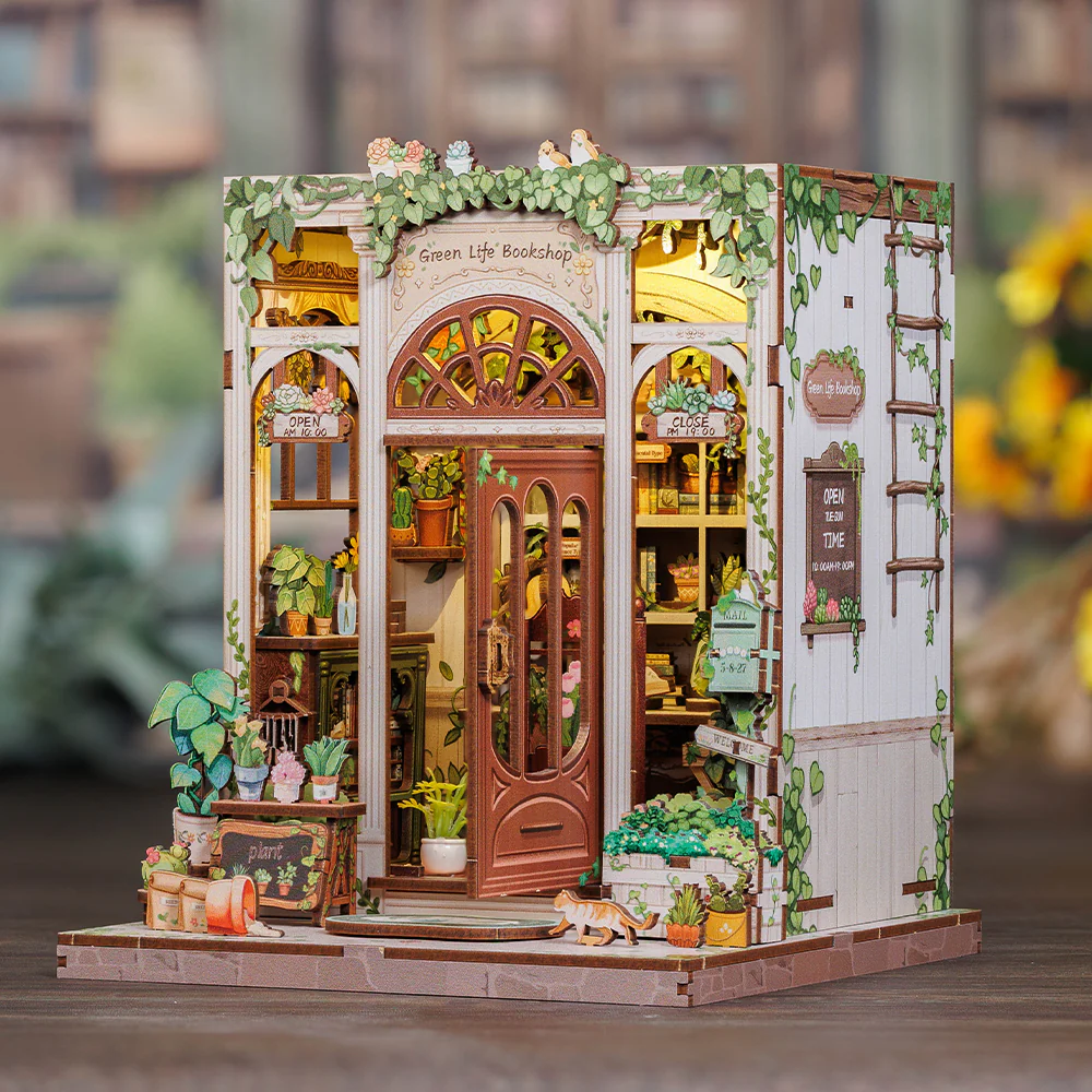 Maison Miniature Librairie Vie Verte DIY - 196 pièces et éclairage LED Assemblé