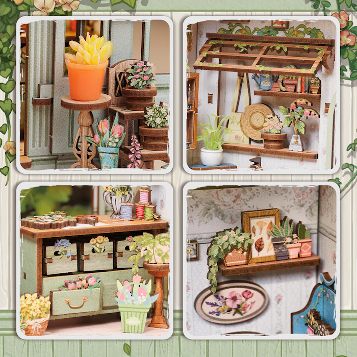 Maison Miniature Librairie Vie Verte DIY - 196 pièces et éclairage LED Détails