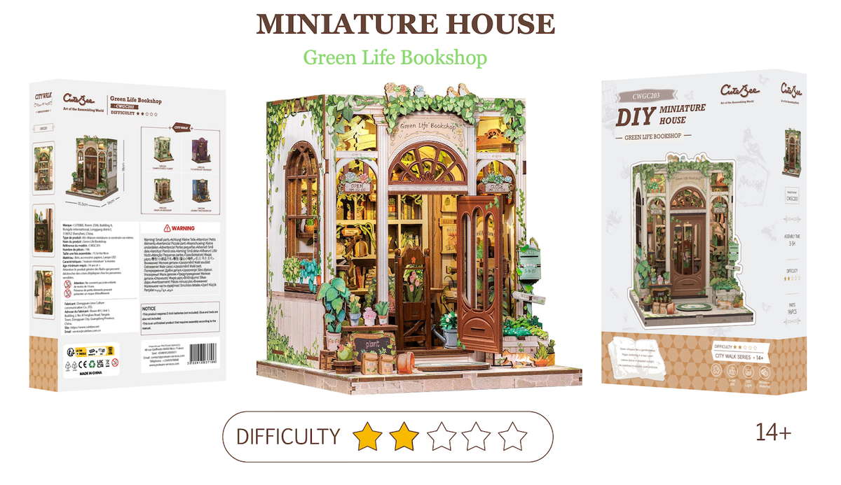 Maison Miniature Librairie Vie Verte DIY - 196 pièces et éclairage LED Difficulté