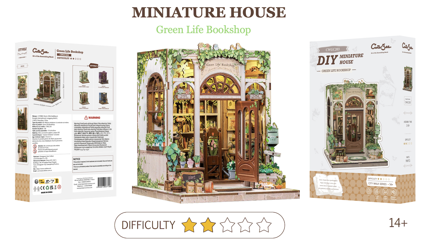Maison Miniature Librairie Vie Verte DIY - 196 pièces et éclairage LED Difficulté