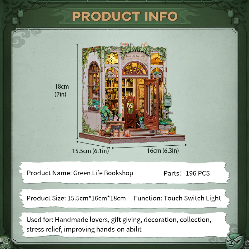 Maison Miniature Librairie Vie Verte DIY - 196 pièces et éclairage LED Info