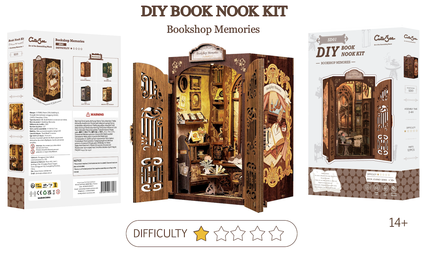 Book Nook Librairie des Mémoires DIY - 127 pièces et éclairage LED Difficulté