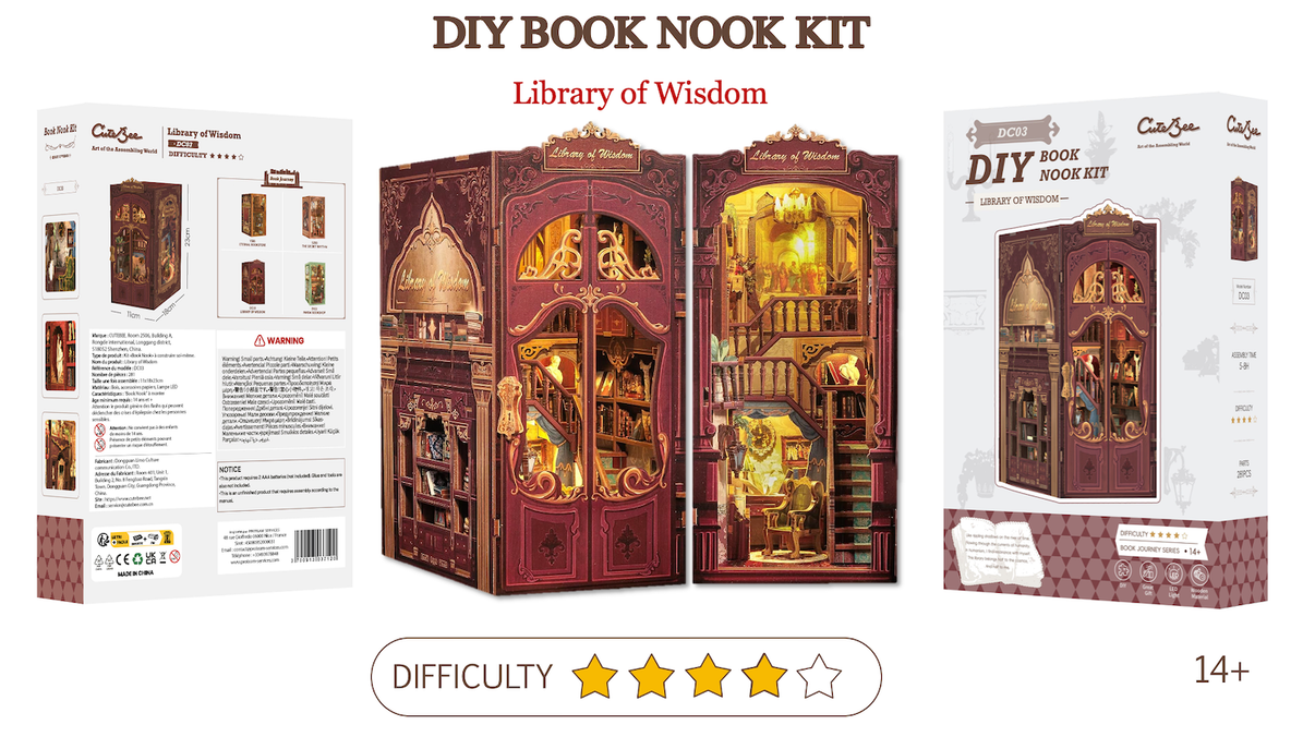 Book Nook Librairie de la Sagesse DIY - 281 pièces et éclairage LED Difficulté