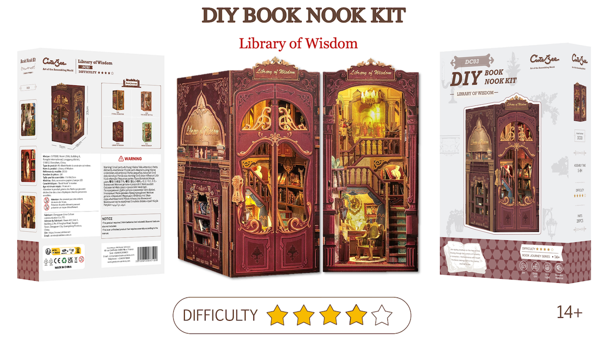 Book Nook Librairie de la Sagesse DIY - 281 pièces et éclairage LED Difficulté