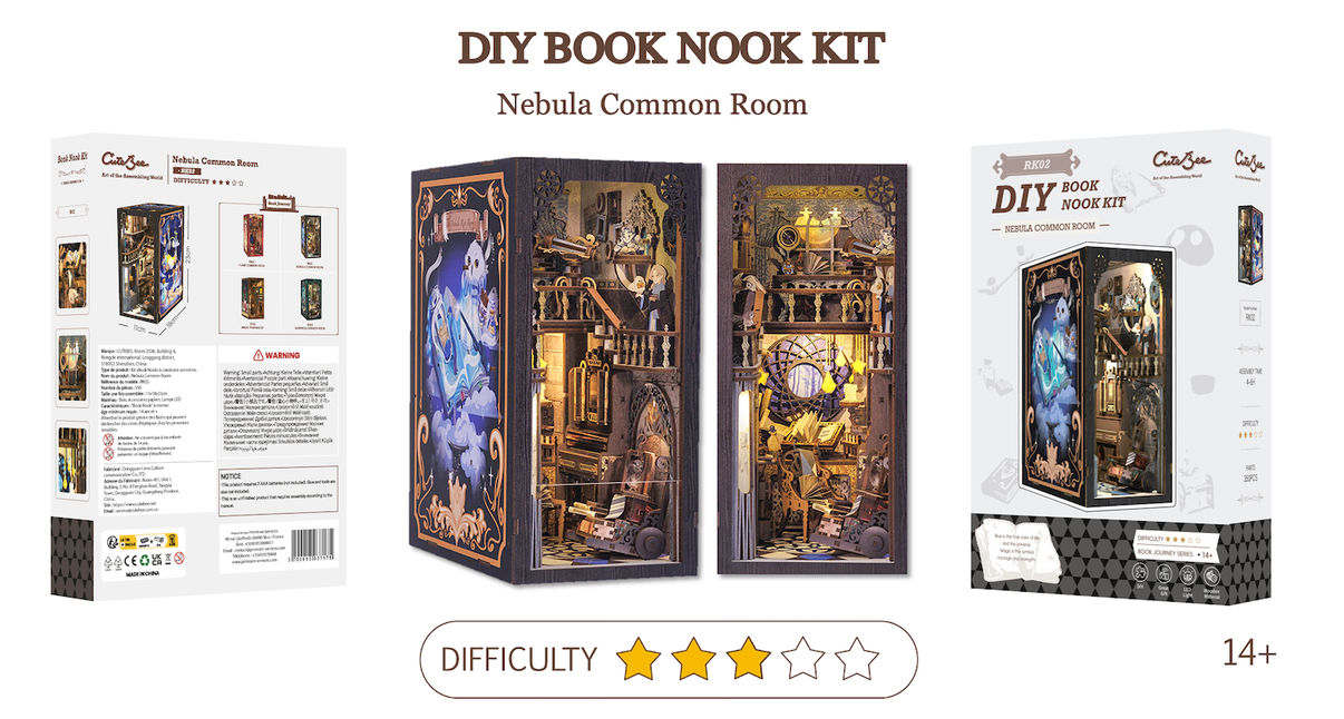 Book Nook Salle Commune Nébula DIY - 350 pièces et éclairage LED Difficulté