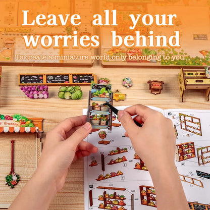 Maison Miniature L'Épicerie Verte DIY - 301 pièces et éclairage LED